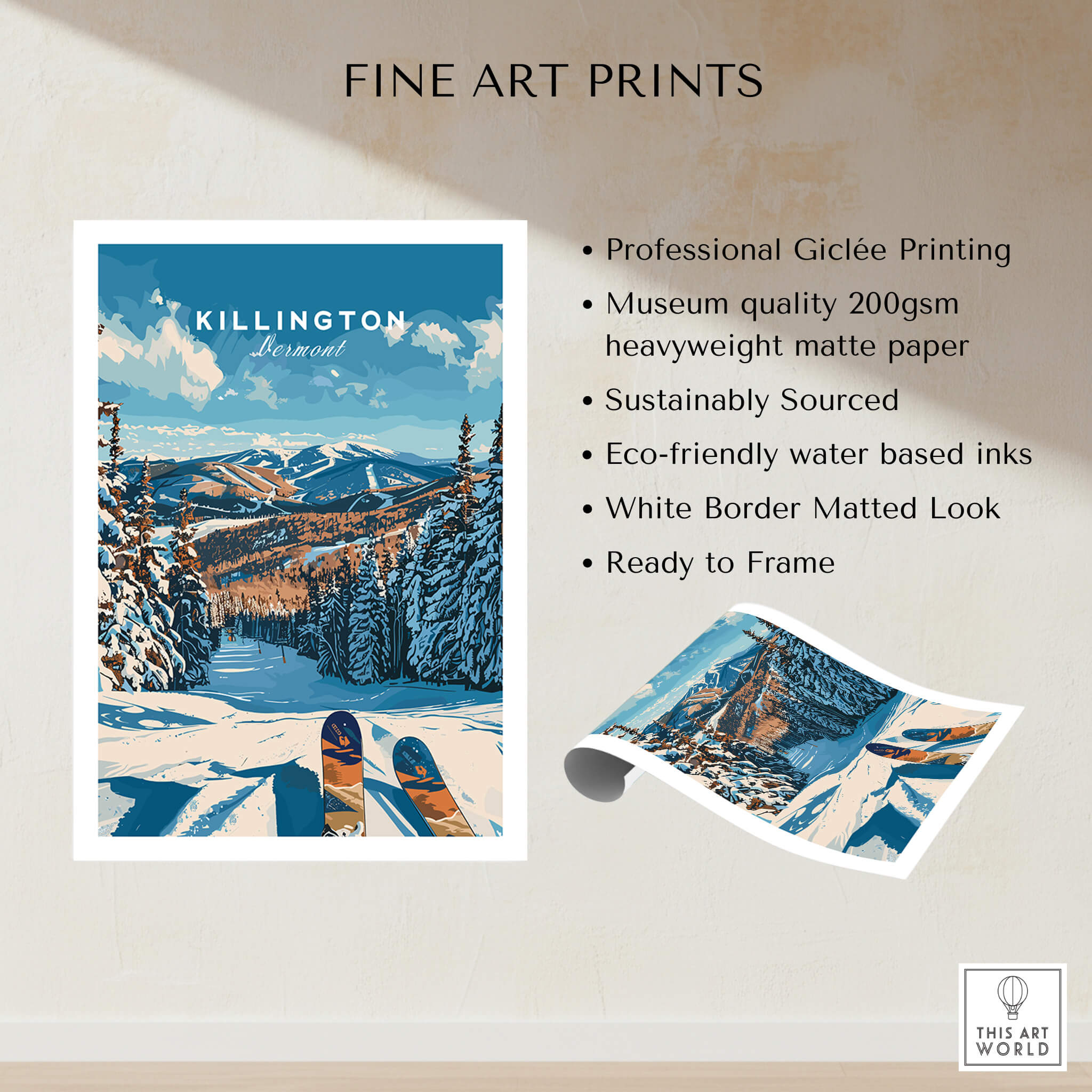 Killington Ski Poster - Vermont showcasing beautiful snowy slopes and mountains, perfect for ski enthusiasts and wall art lovers.