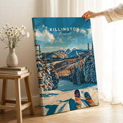 Killington Ski Poster - Vermont showcasing snowy slopes and mountain scenery in a cozy home setting.