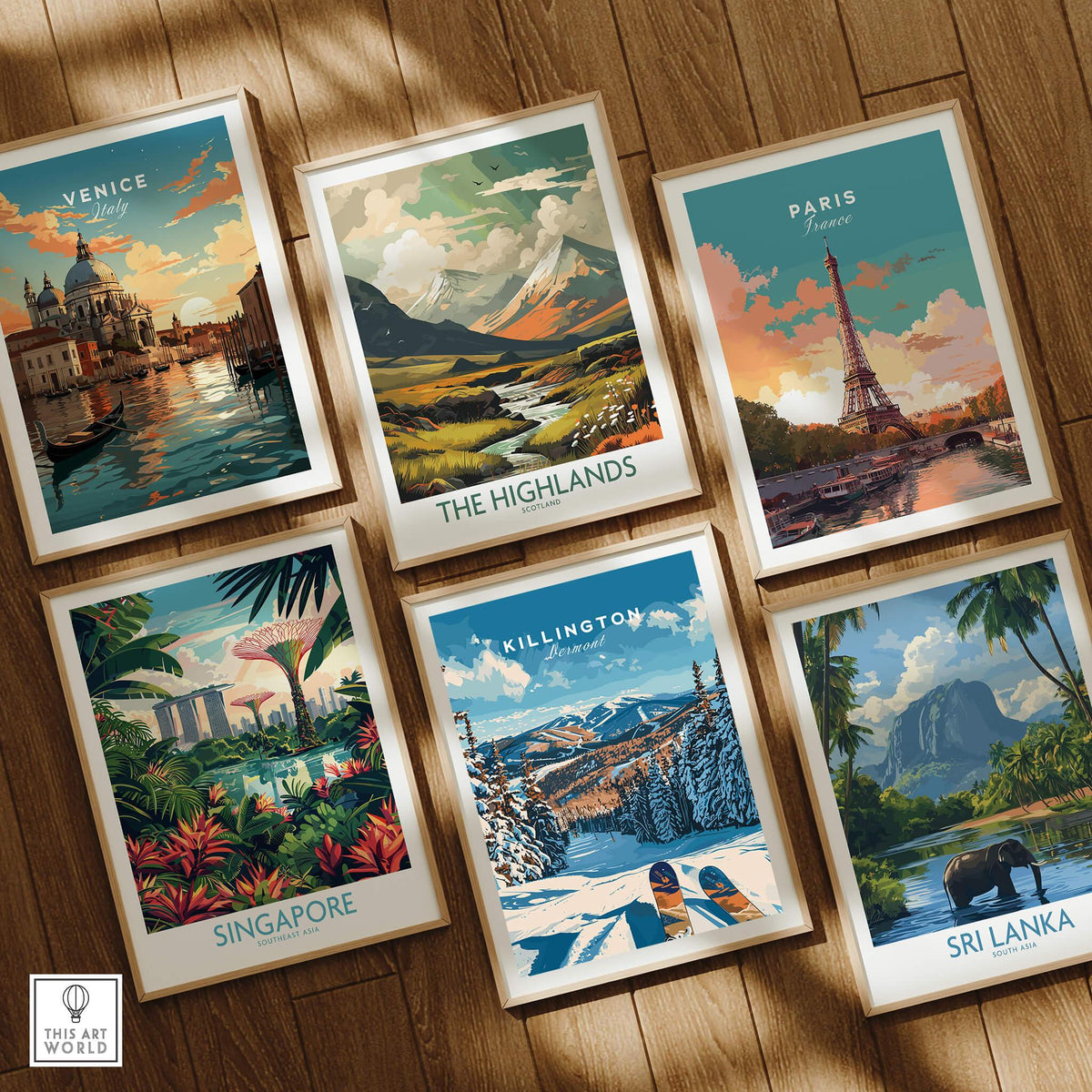 Collection of travel posters including Killington Ski Poster - Vermont and other destinations.
