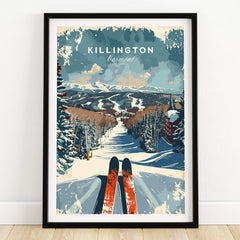 Killington Wall Art Print - Ski Poster Vermont featuring a scenic view of a ski slope in Vermont with ski gear.
