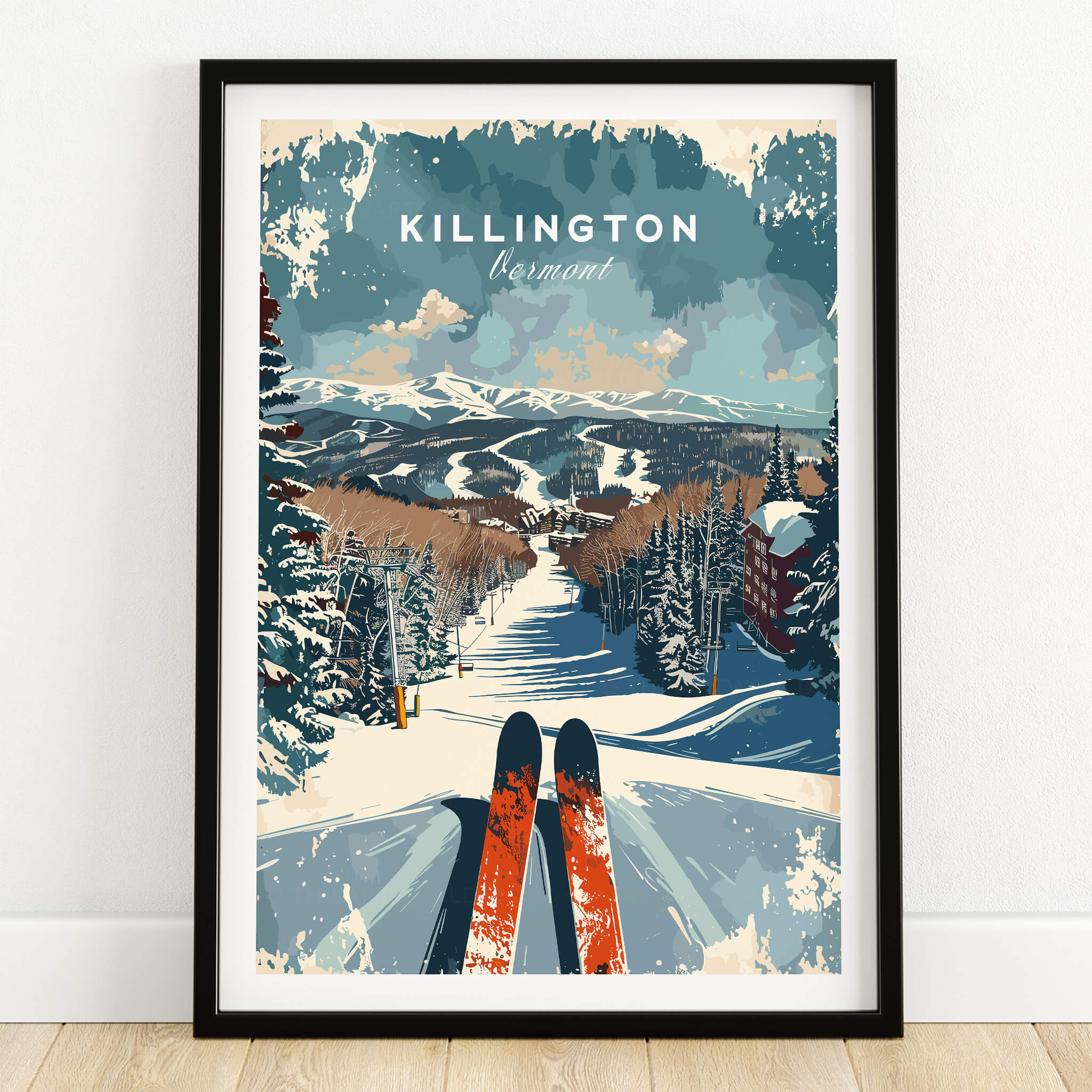 Killington Wall Art Print - Ski Poster Vermont featuring a scenic view of a ski slope in Vermont with ski gear.