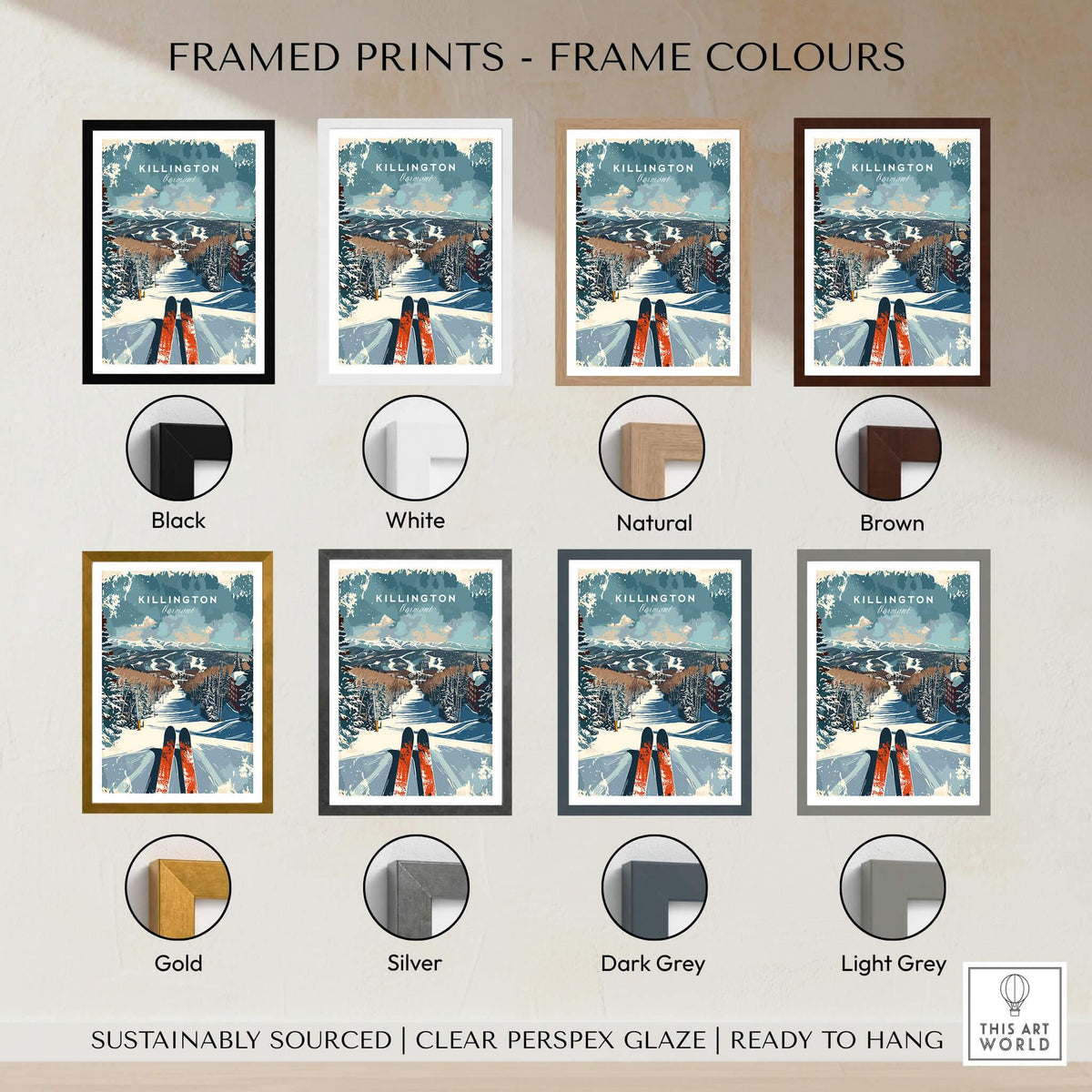 Framed Killington Wall Art Print - Ski Poster Vermont in various frame colors including Black, White, Natural, Brown, Gold, Silver, Dark Grey, Light Grey.