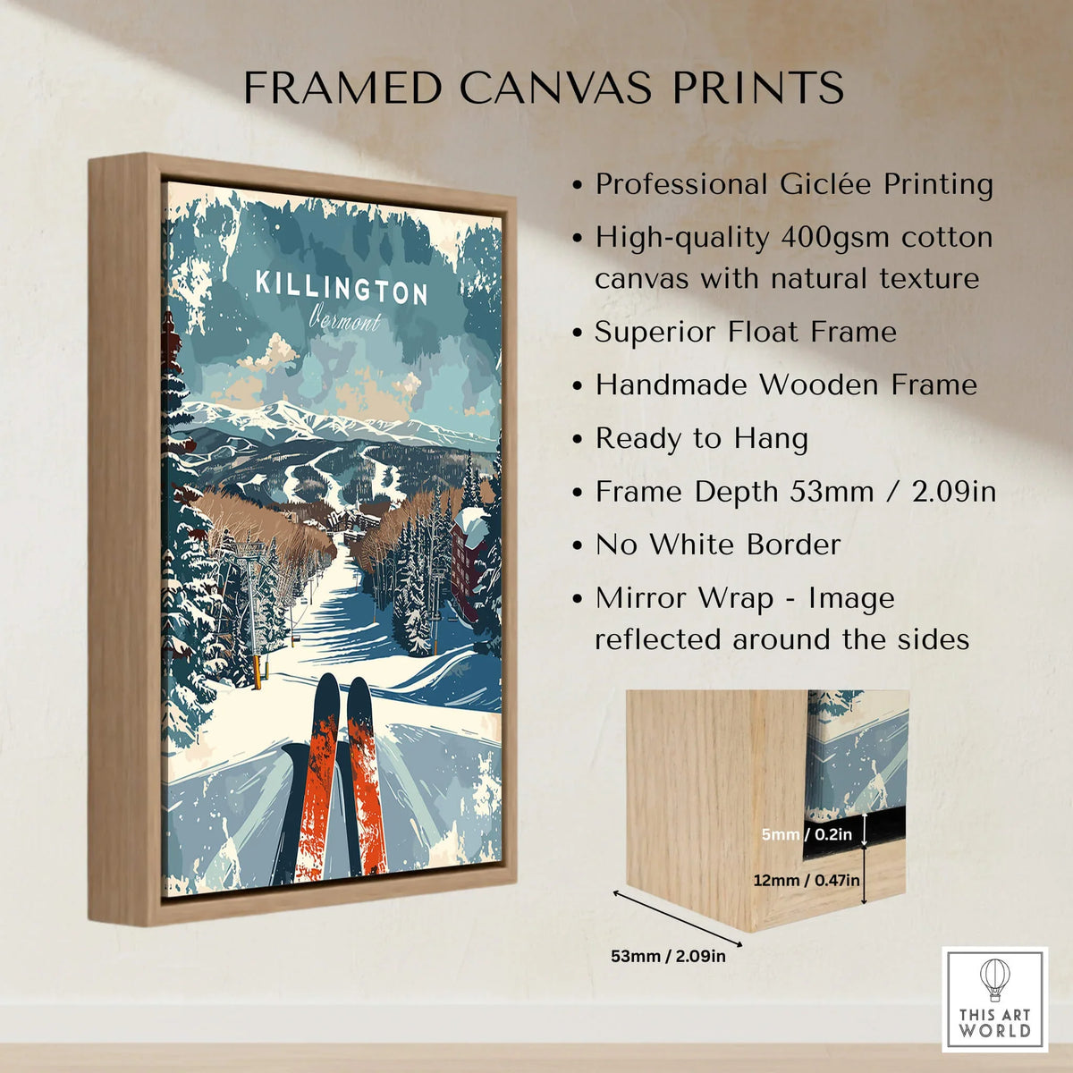 Killington Wall Art Print - Ski Poster Vermont framed canvas print showcasing stunning winter landscape with skis.