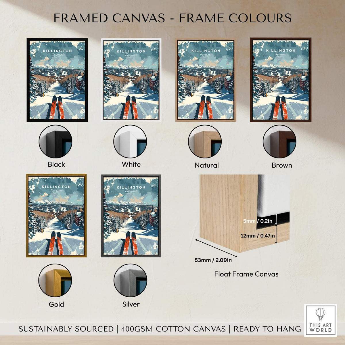 Killington Wall Art Print - Ski Poster Vermont framed canvas options in black, white, natural, brown, gold, and silver.