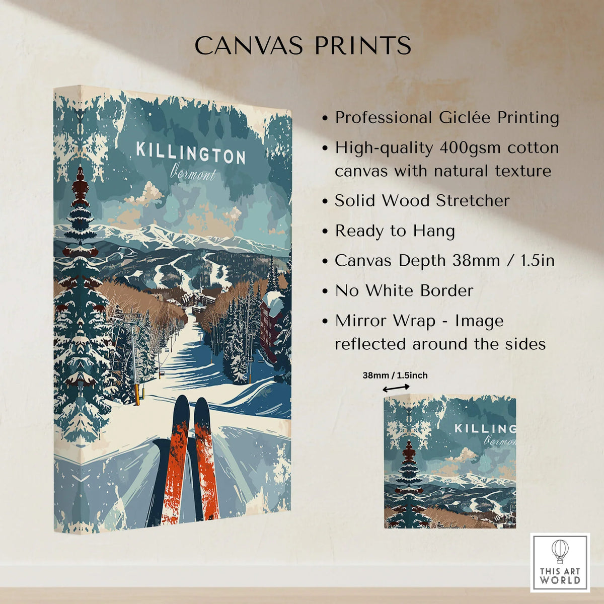 Killington Wall Art Print - Ski Poster Vermont showcasing professional Giclée printing and vibrant winter landscape.
