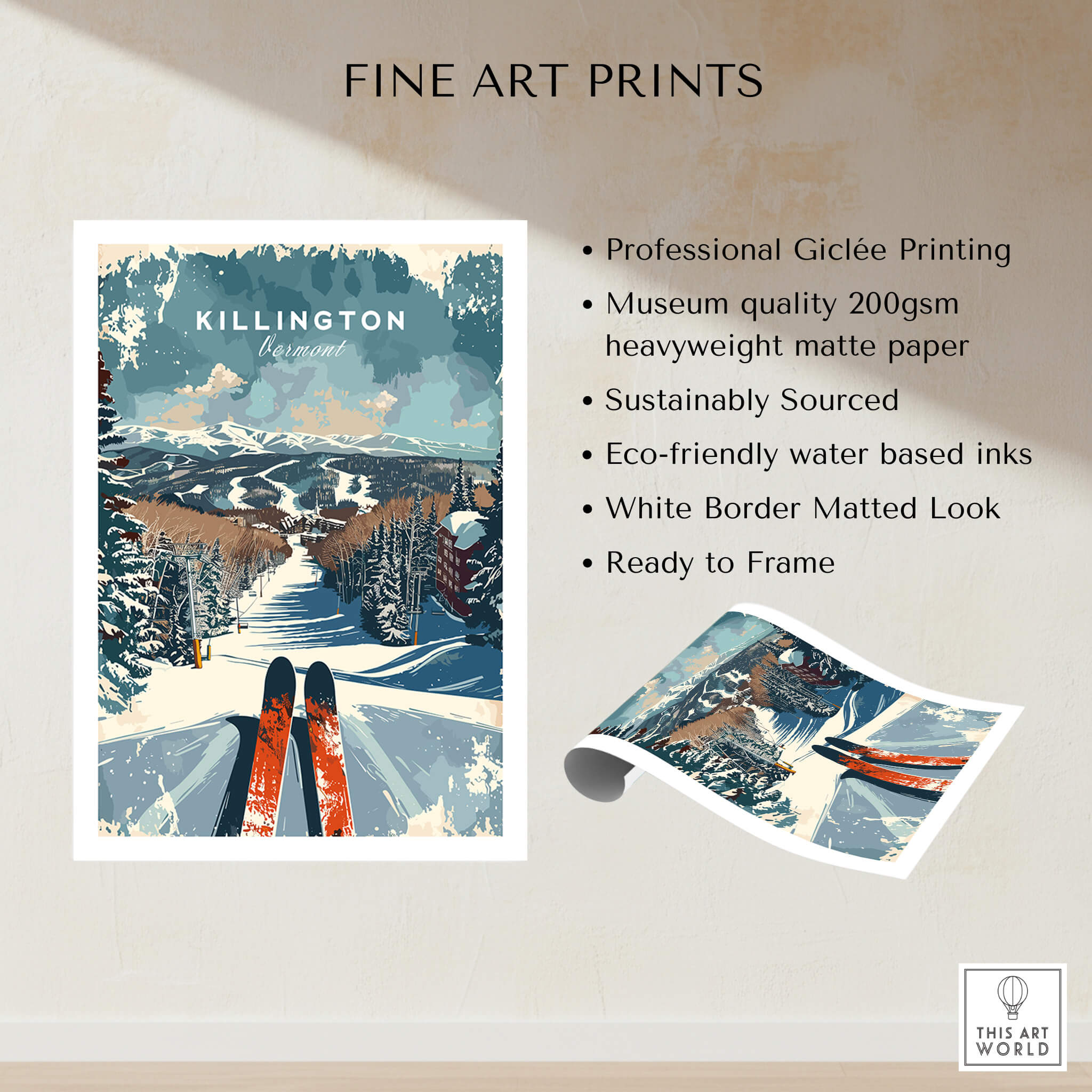 Killington Wall Art Print - Ski Poster Vermont showcasing ski resort mountains and skis, perfect for winter decor.