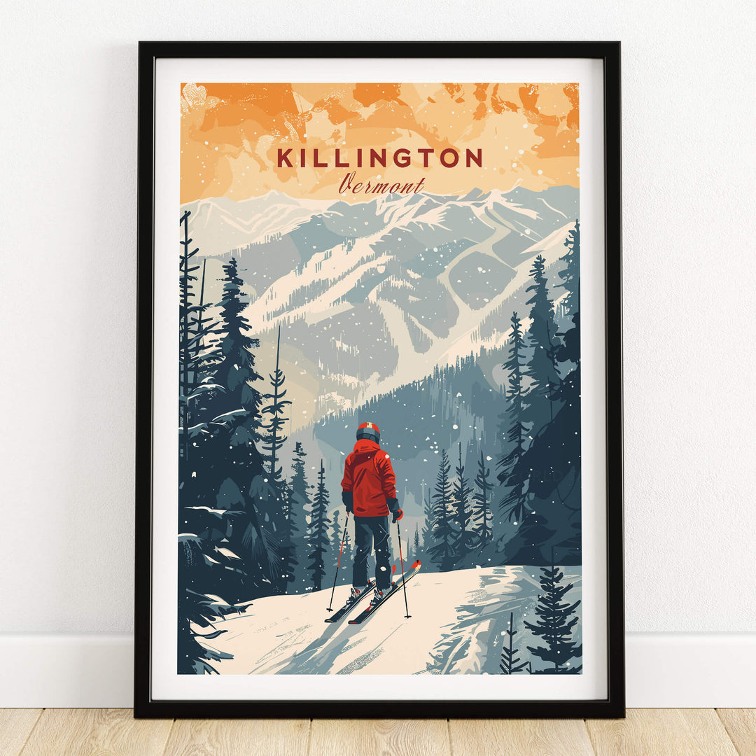 Killington Print Vermont ski poster featuring a skier in a red jacket against snowy mountain scenery.