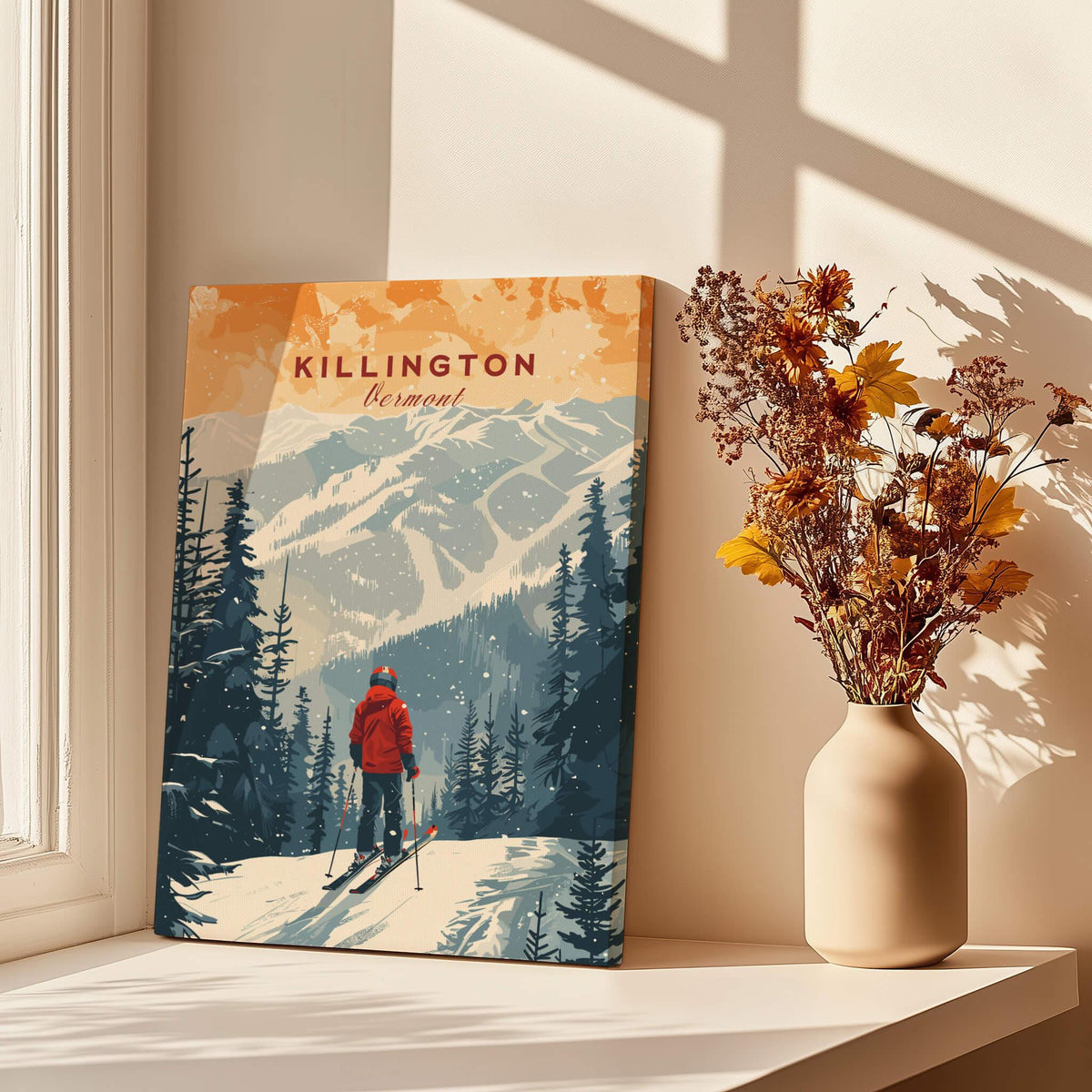 Killington Print Vermont featuring a skier with mountains in the background, perfect for ski enthusiasts.