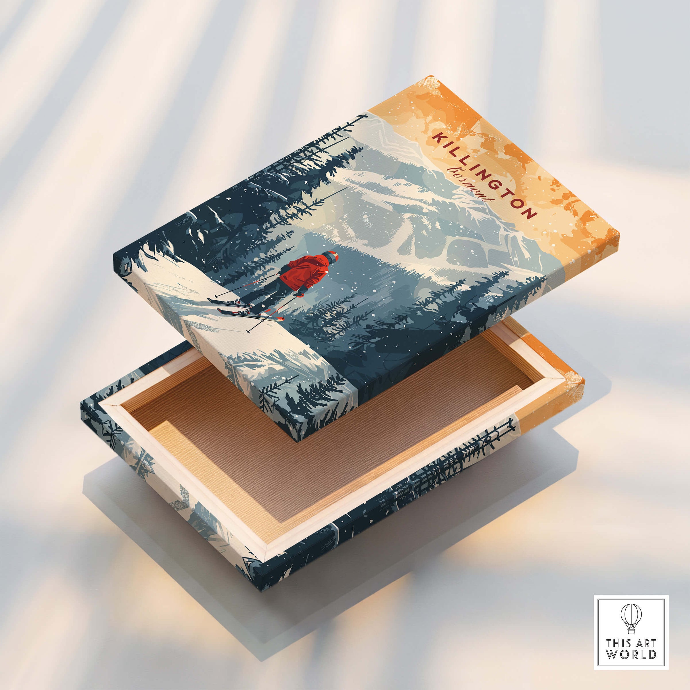 Killington Print Vermont product featuring a vibrant ski scene with mountains and a skier on a decorative box.