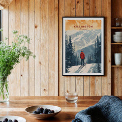 Killington Print Vermont ski poster featuring a scenic mountain view with a skier in a red jacket.