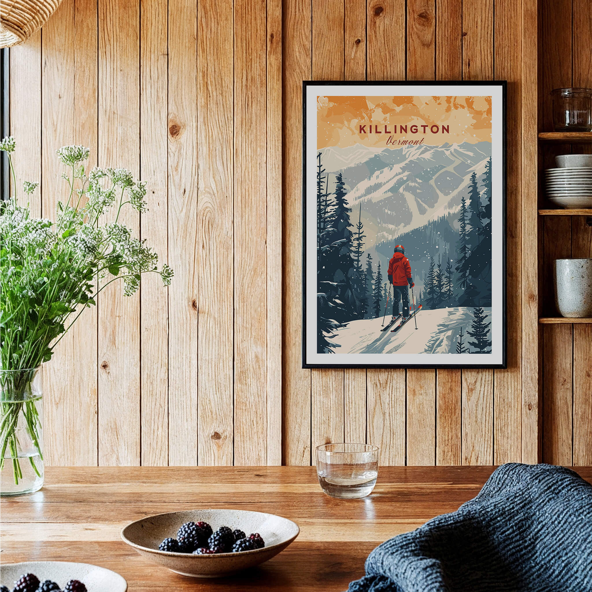 Killington Print Vermont ski poster featuring a scenic mountain view with a skier in a red jacket.