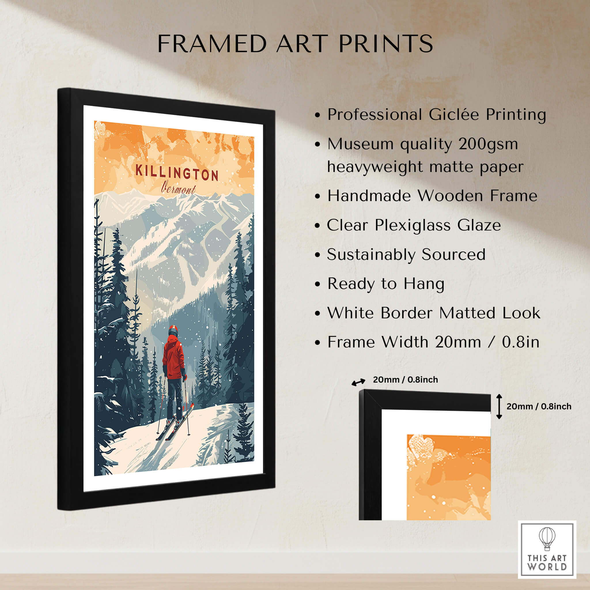 Killington Print Vermont framed art print showcasing mountains and skier, perfect décor for ski enthusiasts.