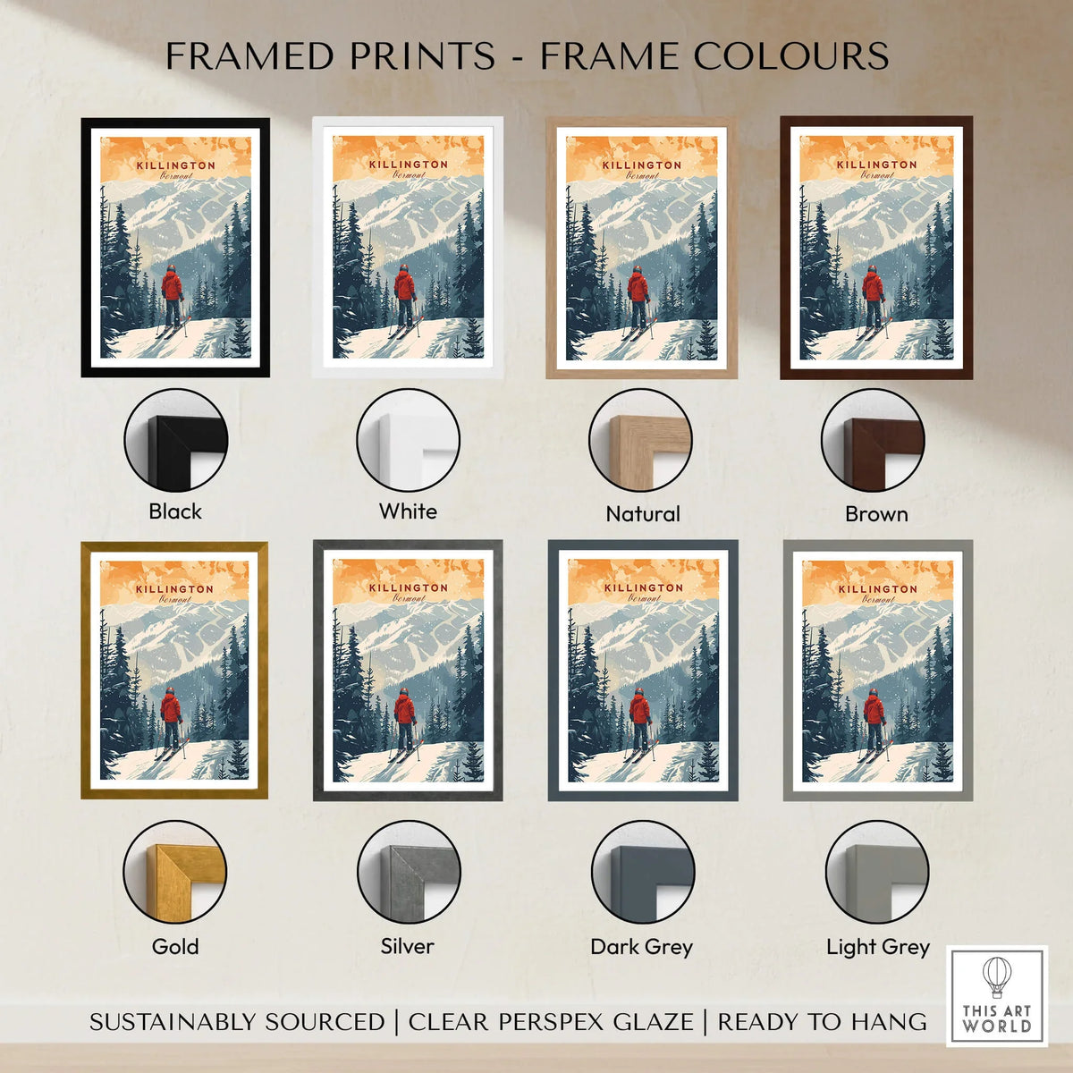 Killington Print Vermont framed prints in various colors including black, white, natural, brown, gold, silver, dark grey, light grey