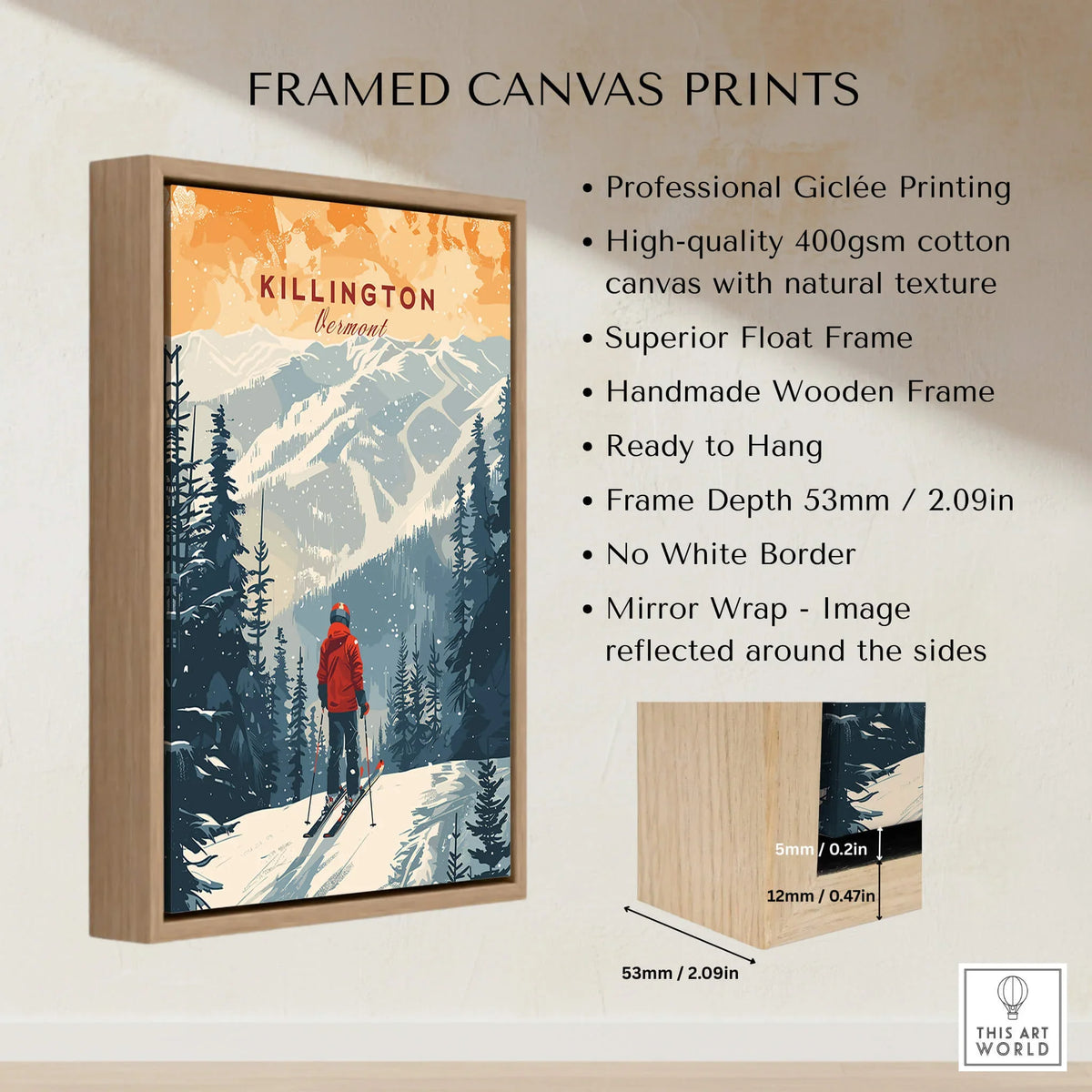 Killington Print Vermont framed canvas print showcasing mountains and a skier in a vibrant design.