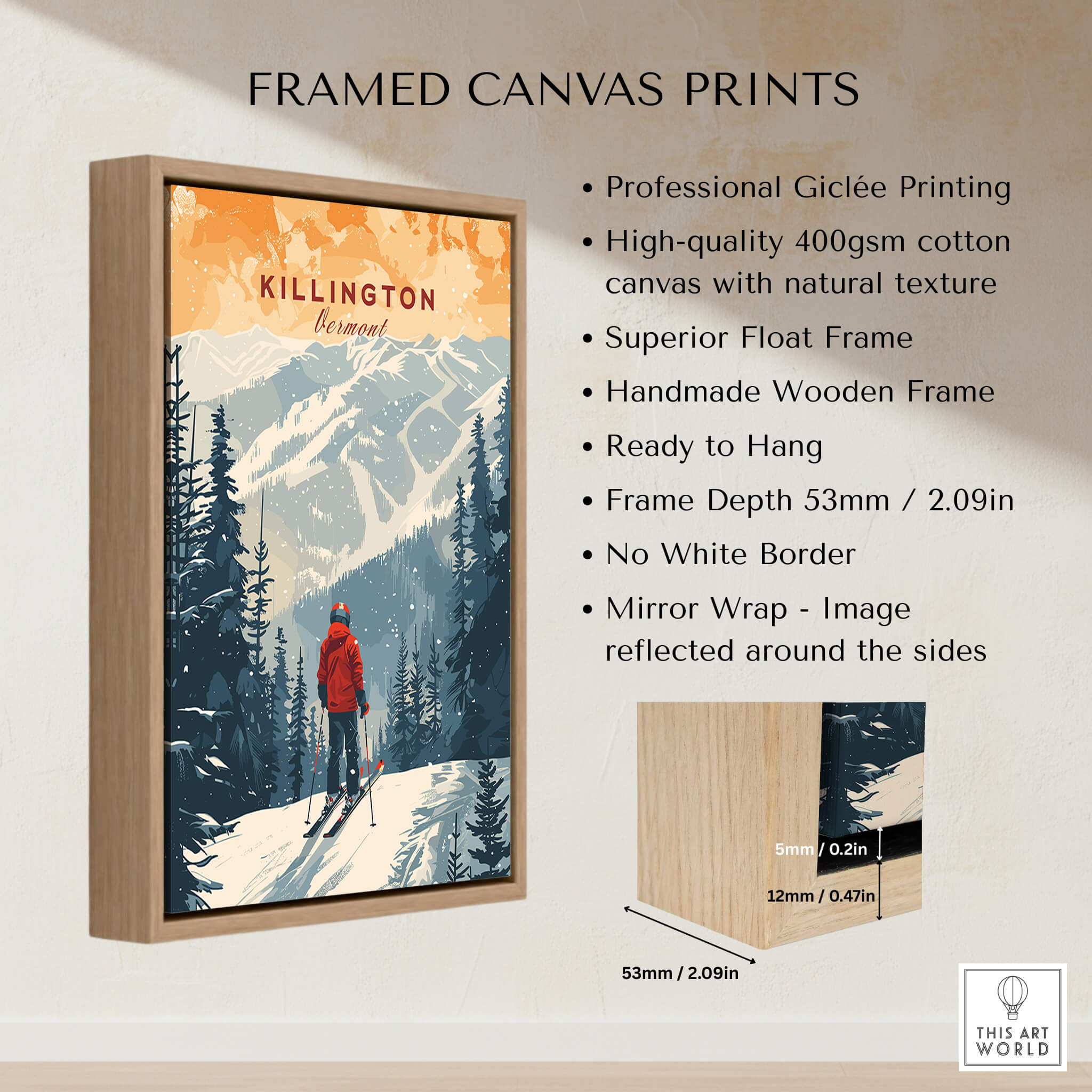 Killington Print Vermont framed canvas print showcasing mountains and a skier in a vibrant design.