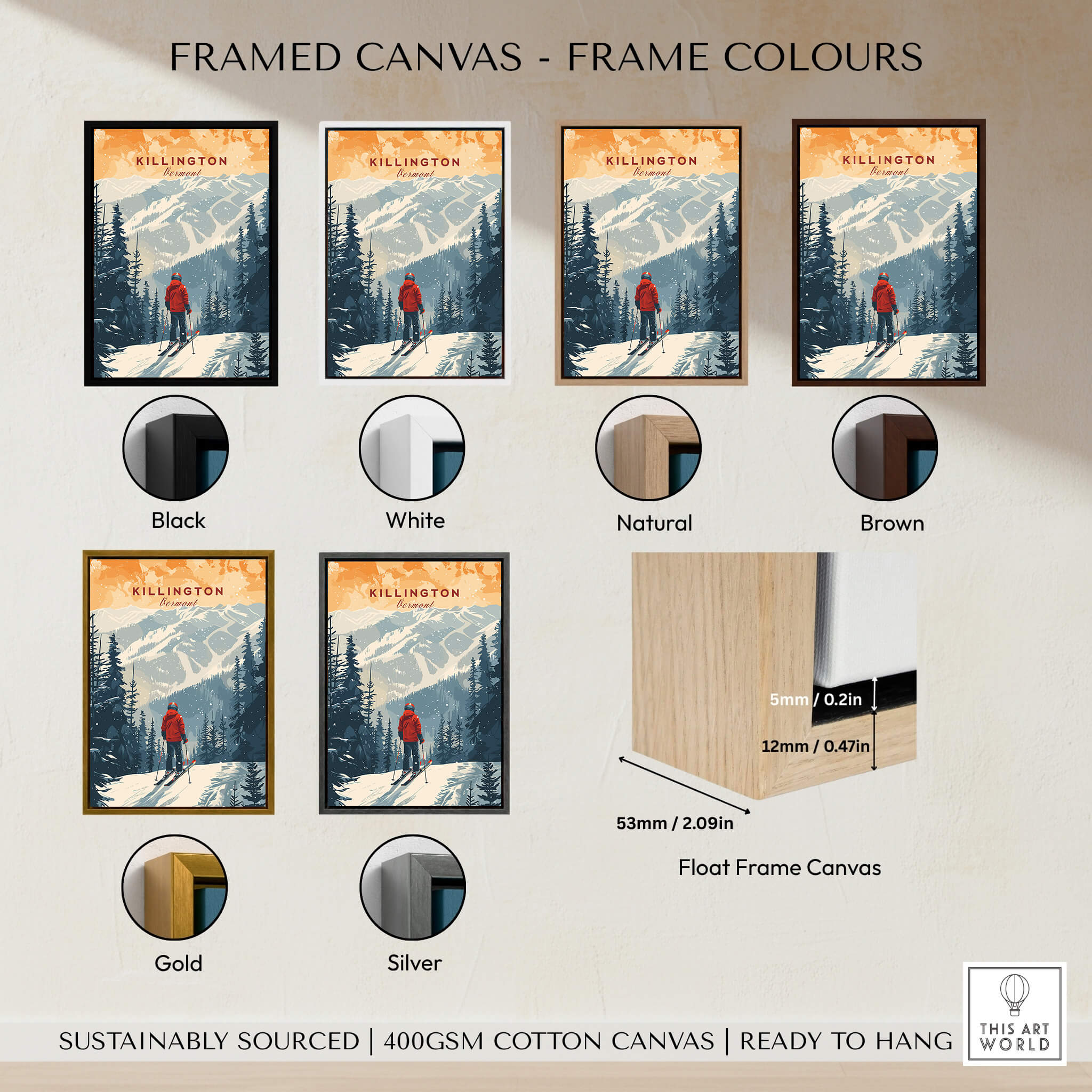Framed Killington Print Vermont canvas options in black, white, natural, brown, gold, and silver for home decor.