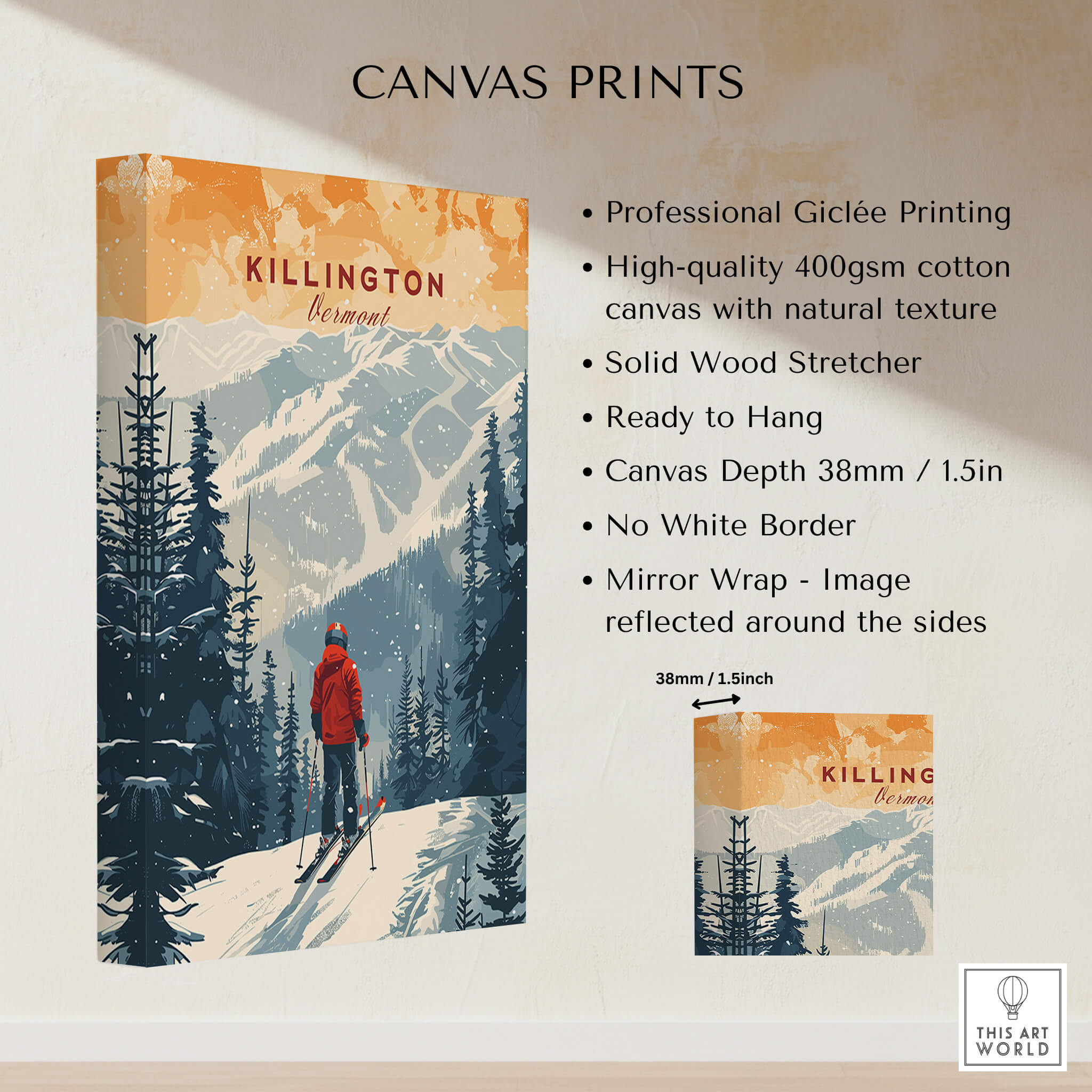 Killington Print Vermont canvas print featuring a skier in a snowy landscape with vibrant colors and mountain scenery.