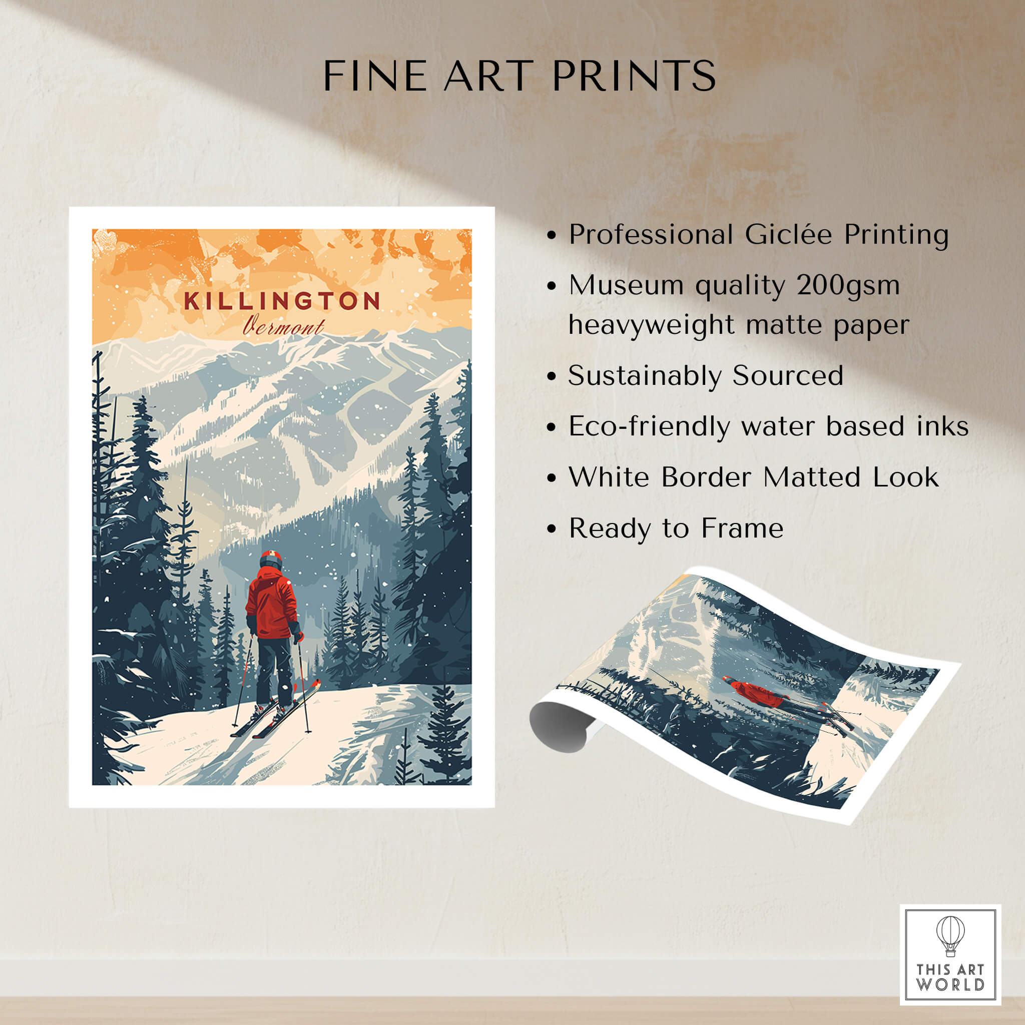 Killington Print Vermont ski poster featuring a skier in vibrant mountains and eco-friendly printing details