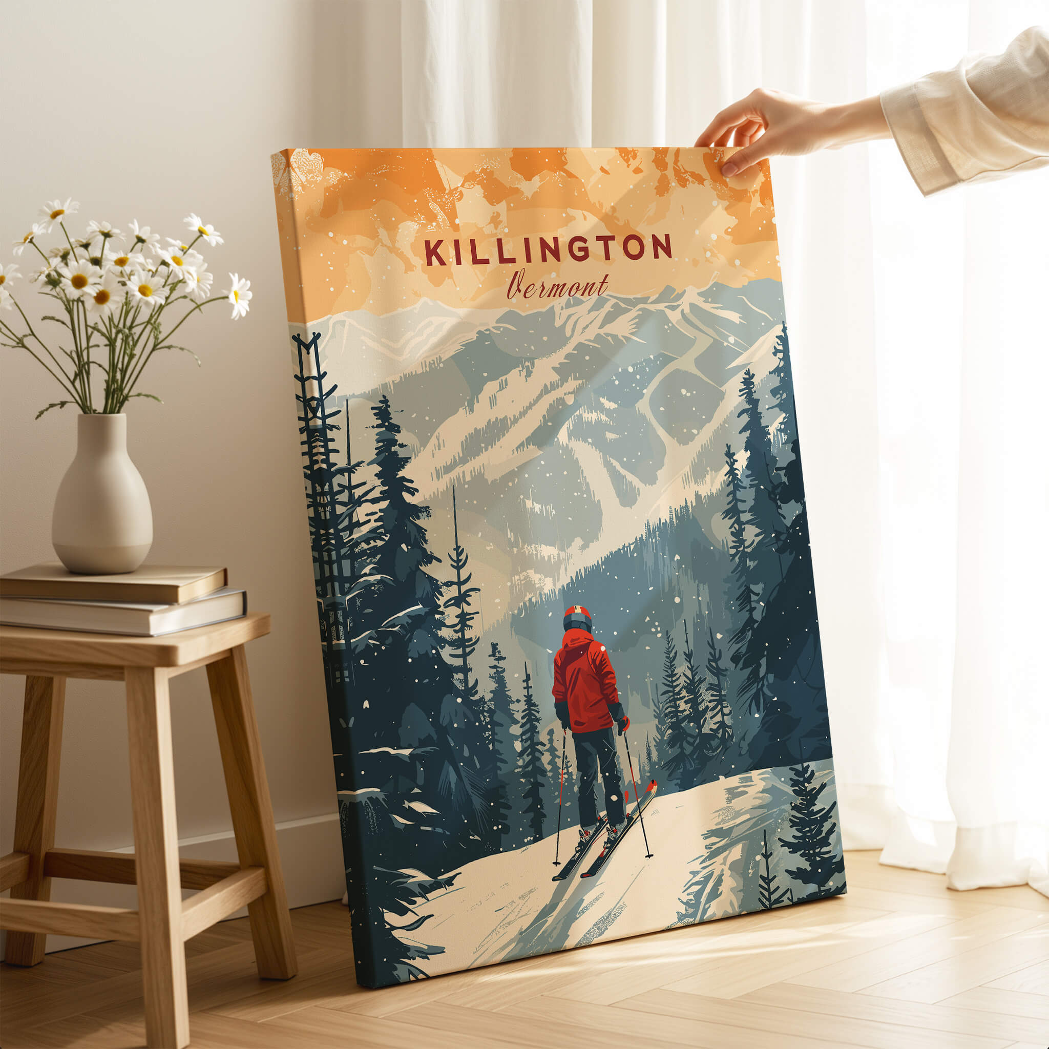 Killington Print Vermont ski poster showcasing a skier in a beautiful mountain landscape.