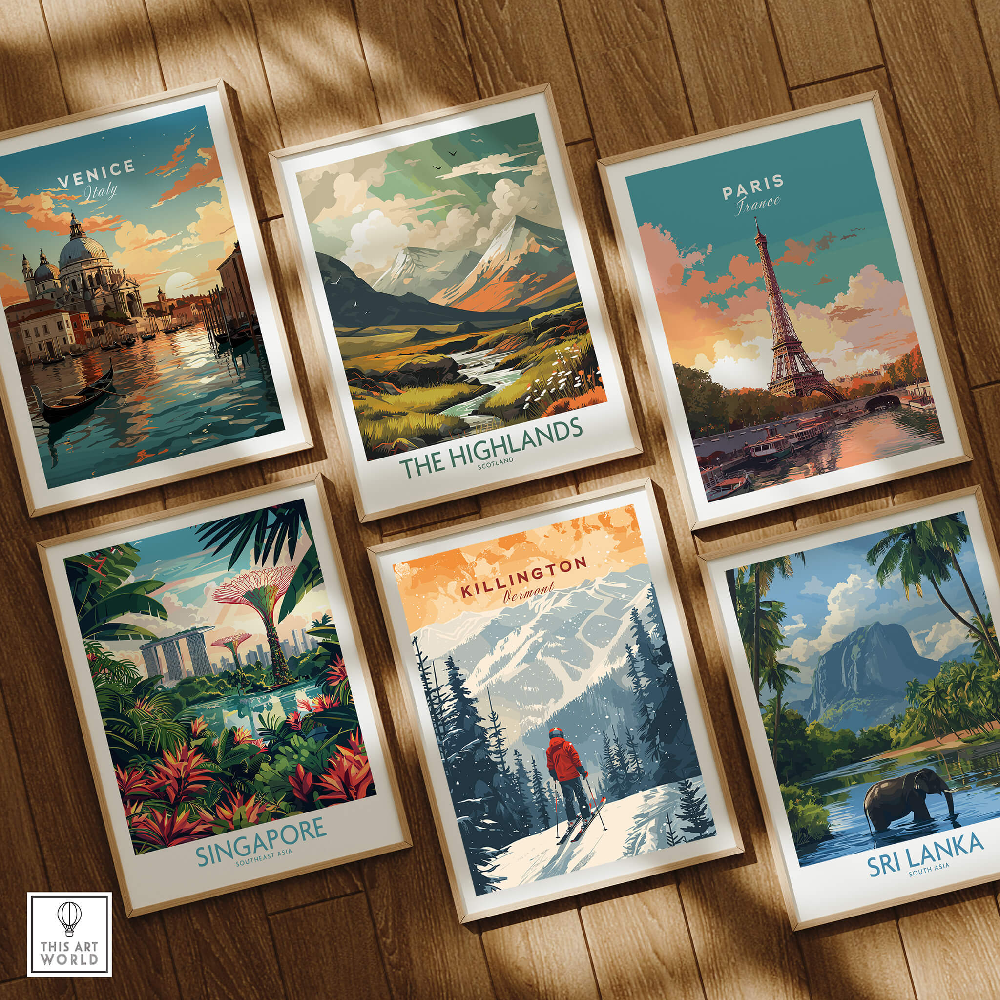 Killington Print Vermont ski poster among other travel art prints including Venice, Singapore, Paris, The Highlands, and Sri Lanka.