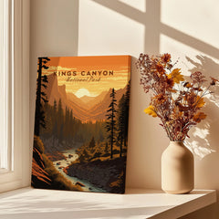 Kings Canyon National Park travel poster canvas with autumn flowers on a sunlit windowsill