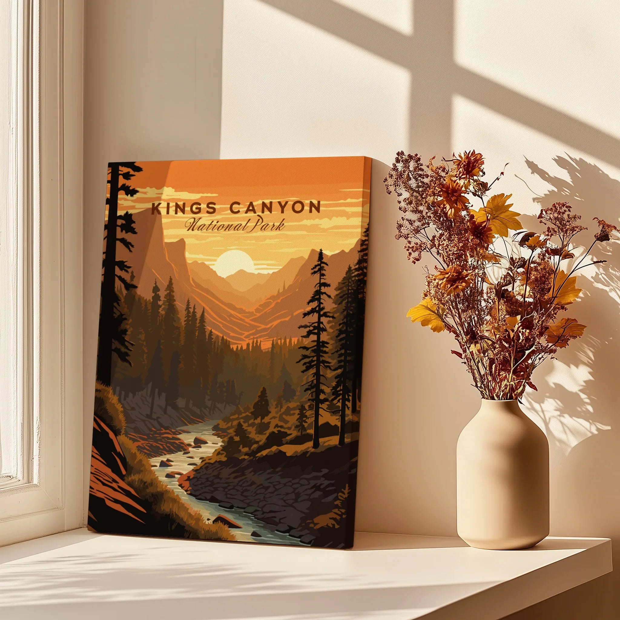 Kings Canyon National Park travel poster canvas with autumn flowers on a sunlit windowsill