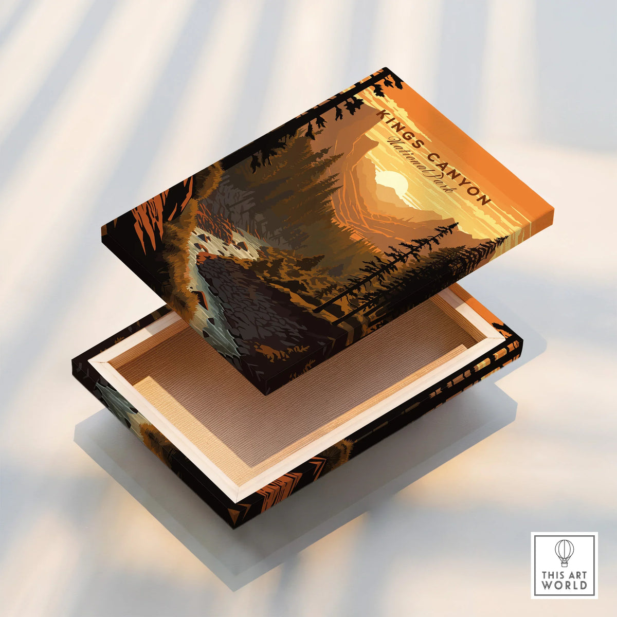 Kings Canyon National Park wall art print on floating stretched canvas with sunset landscape.