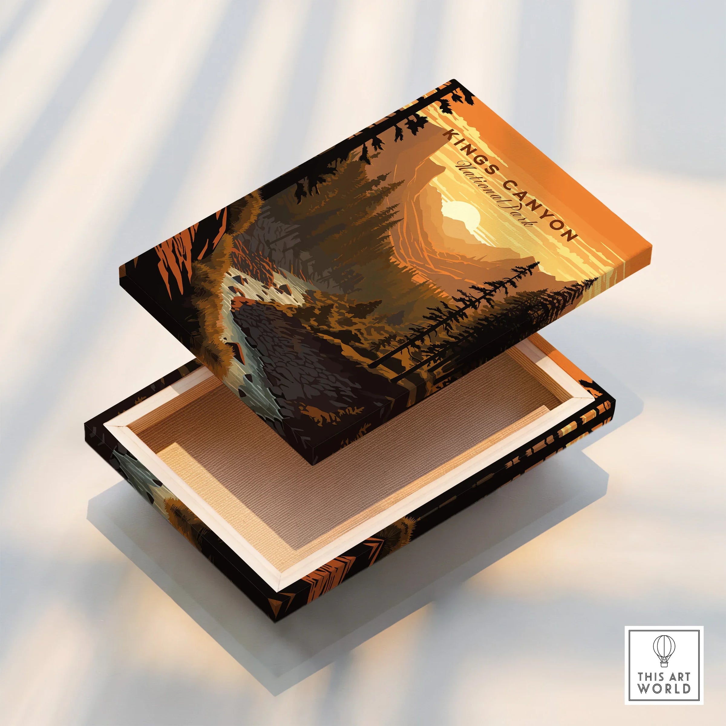 Kings Canyon National Park wall art print on floating stretched canvas with sunset landscape.