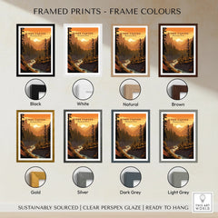 Kings Canyon National Park print in eight frame color options: black, white, natural, brown, gold, silver, dark grey, and light grey.