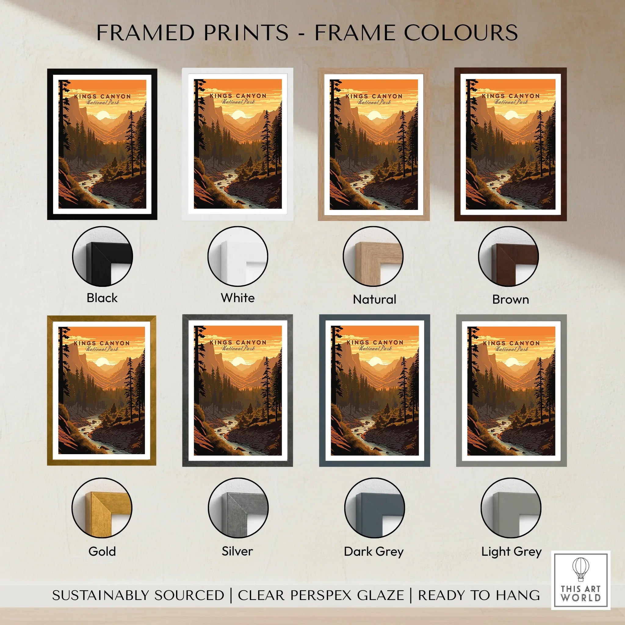 Kings Canyon National Park print in eight frame color options: black, white, natural, brown, gold, silver, dark grey, and light grey.