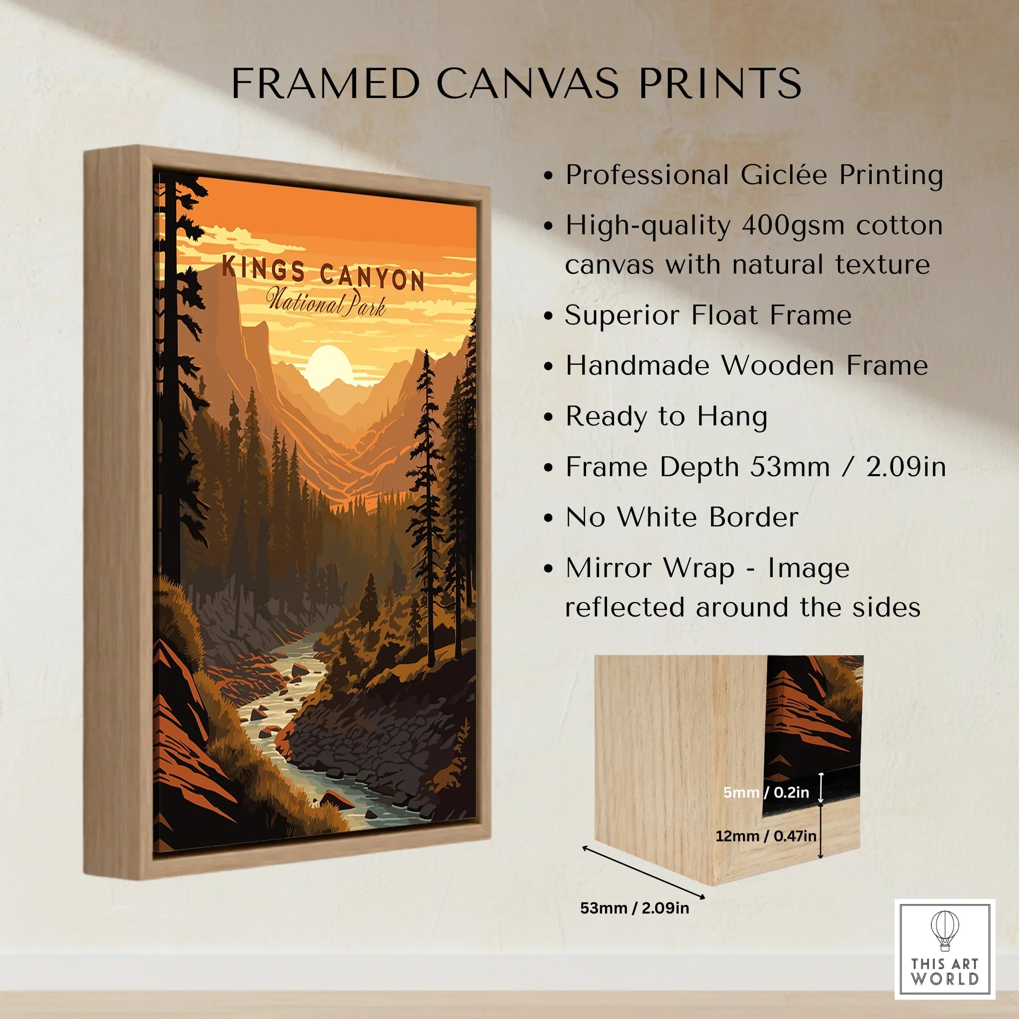Kings Canyon National Park framed canvas print with float wooden frame, sunset landscape art