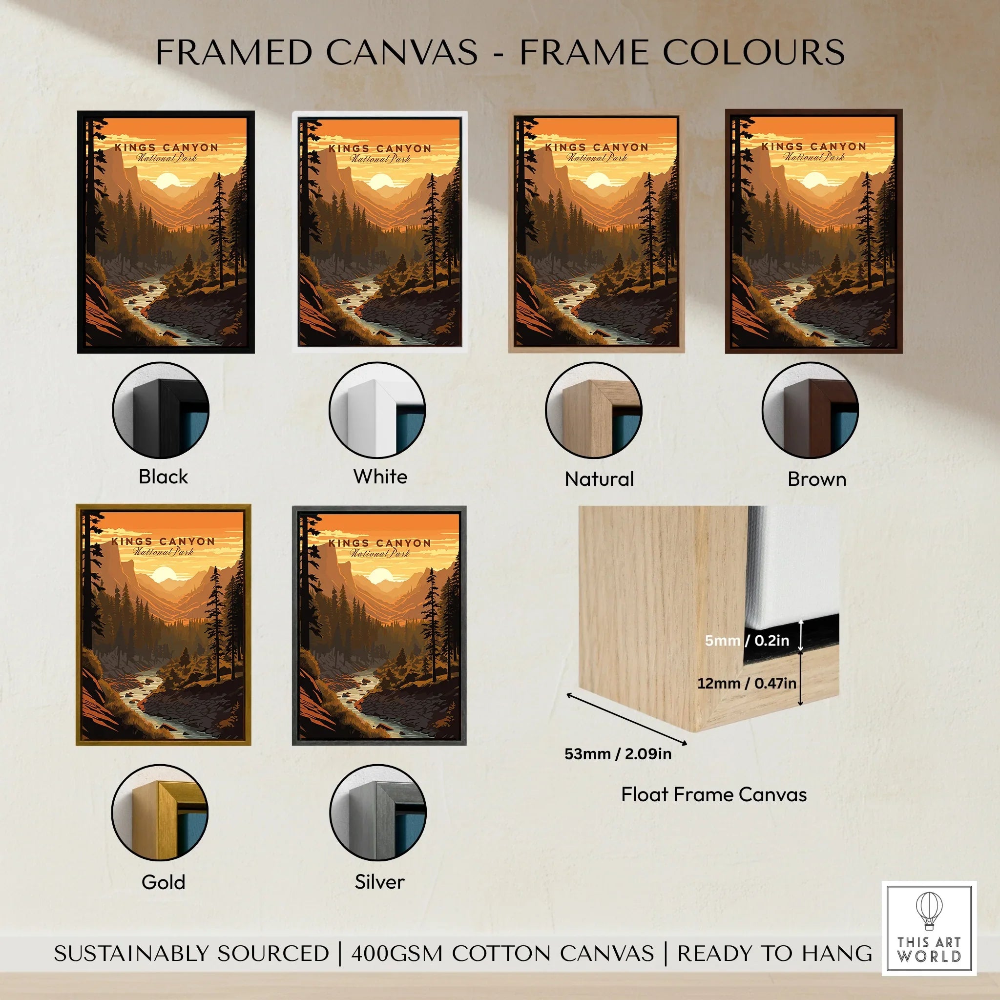 Kings Canyon National Park framed canvas wall art with six frame color options