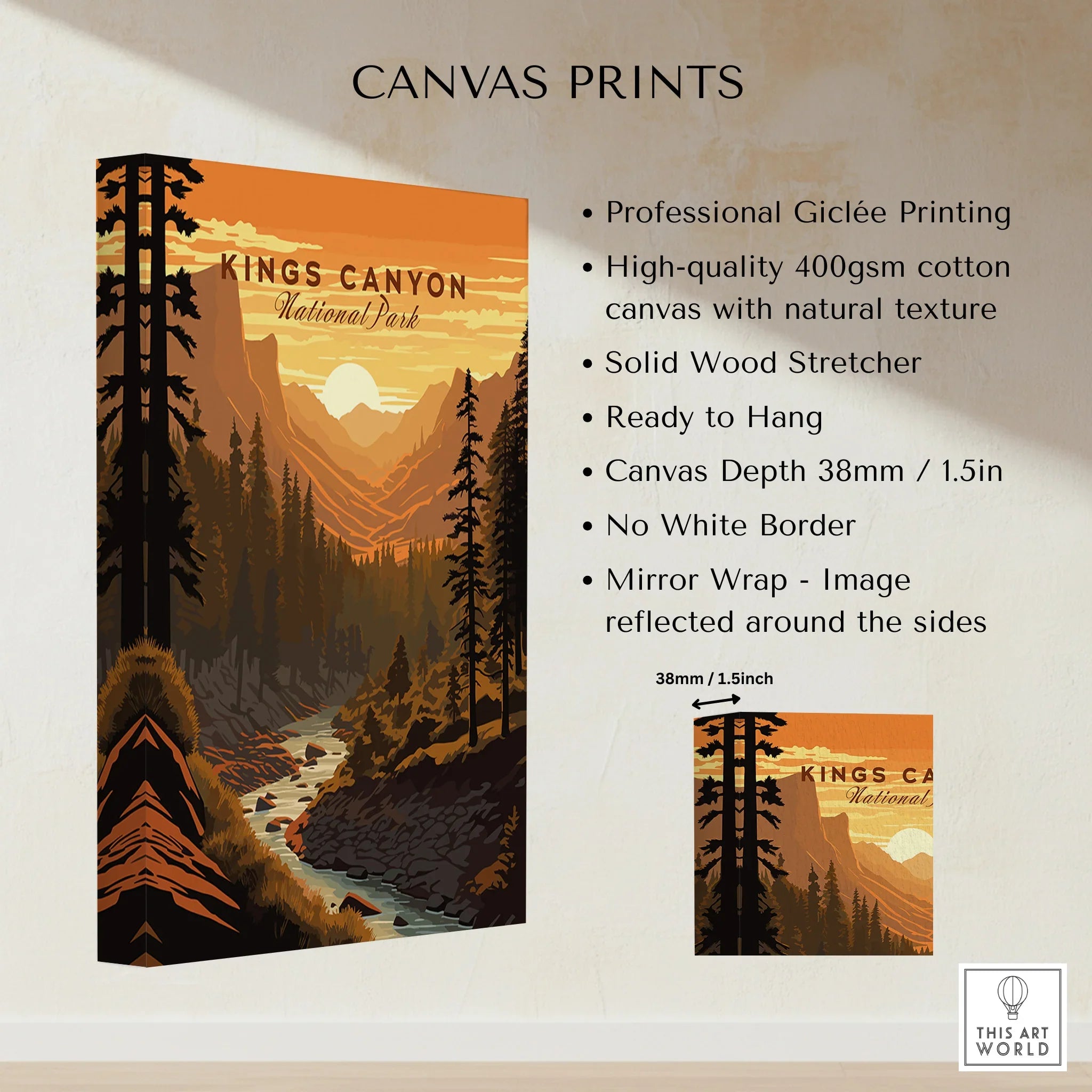 Kings Canyon National Park canvas print, sunset mountains, forest, and river landscape wall art.