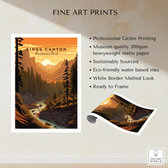 Kings Canyon National Park art print with mountain landscape, pine trees, and river at sunset