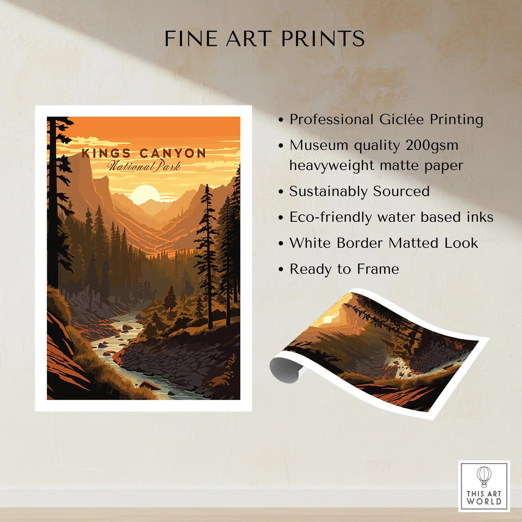 Kings Canyon National Park art print with mountain landscape, pine trees, and river at sunset