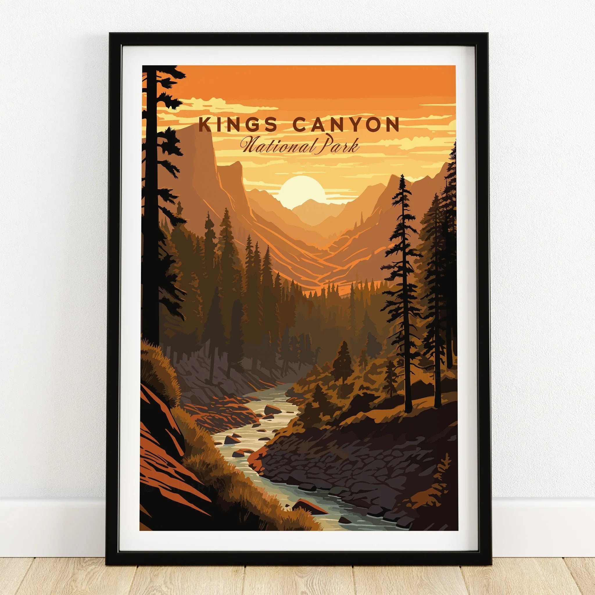 Kings Canyon National Park art print in black frame on wooden floor, sunset landscape illustration