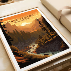 Kings Canyon National Park framed art print with sunset landscape and river, unwrapped gift