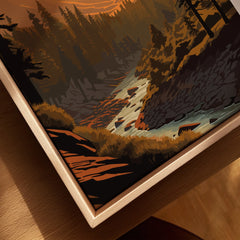 Kings Canyon wall art print closeup with river, forest, and natural wood floating frame