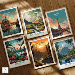 Set of six framed travel poster art prints featuring Venice, Paris, Singapore, Kings Canyon, The Highlands, and Sri Lanka, displayed on a wooden floor.