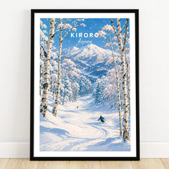 Kiroro Japan Ski Slopes Travel Poster — art print in black frame on wooden floor