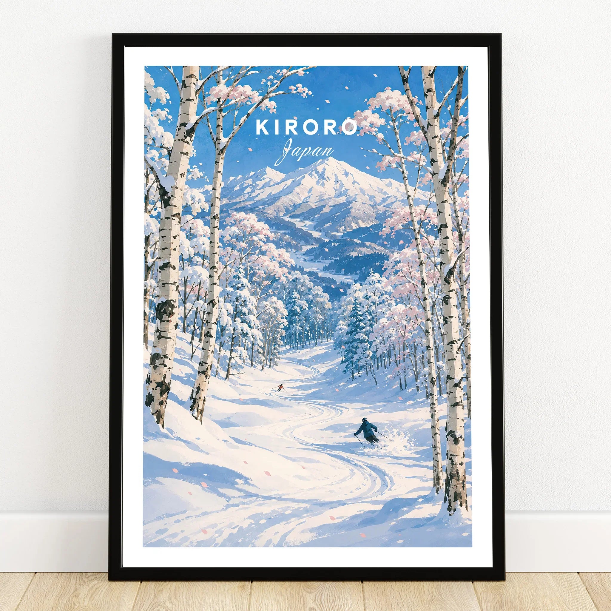 Kiroro Japan Ski Slopes Travel Poster — art print in black frame on wooden floor