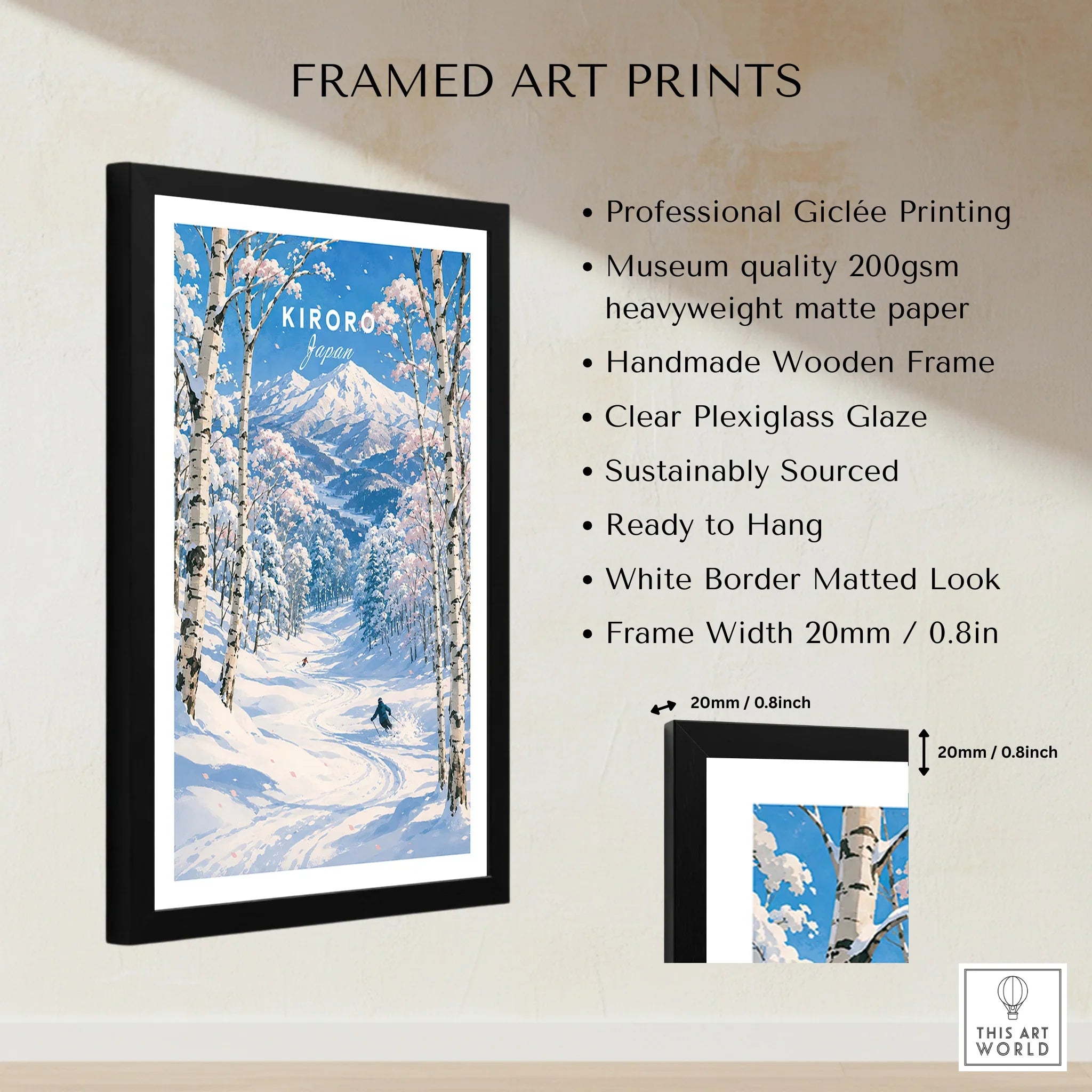 Kiroro Japan Ski Slopes Travel Poster — framed print details measurements quality details