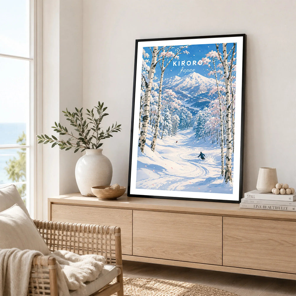 Kiroro Japan Ski Slopes Travel Poster — framed artwork living room lifestyle setting