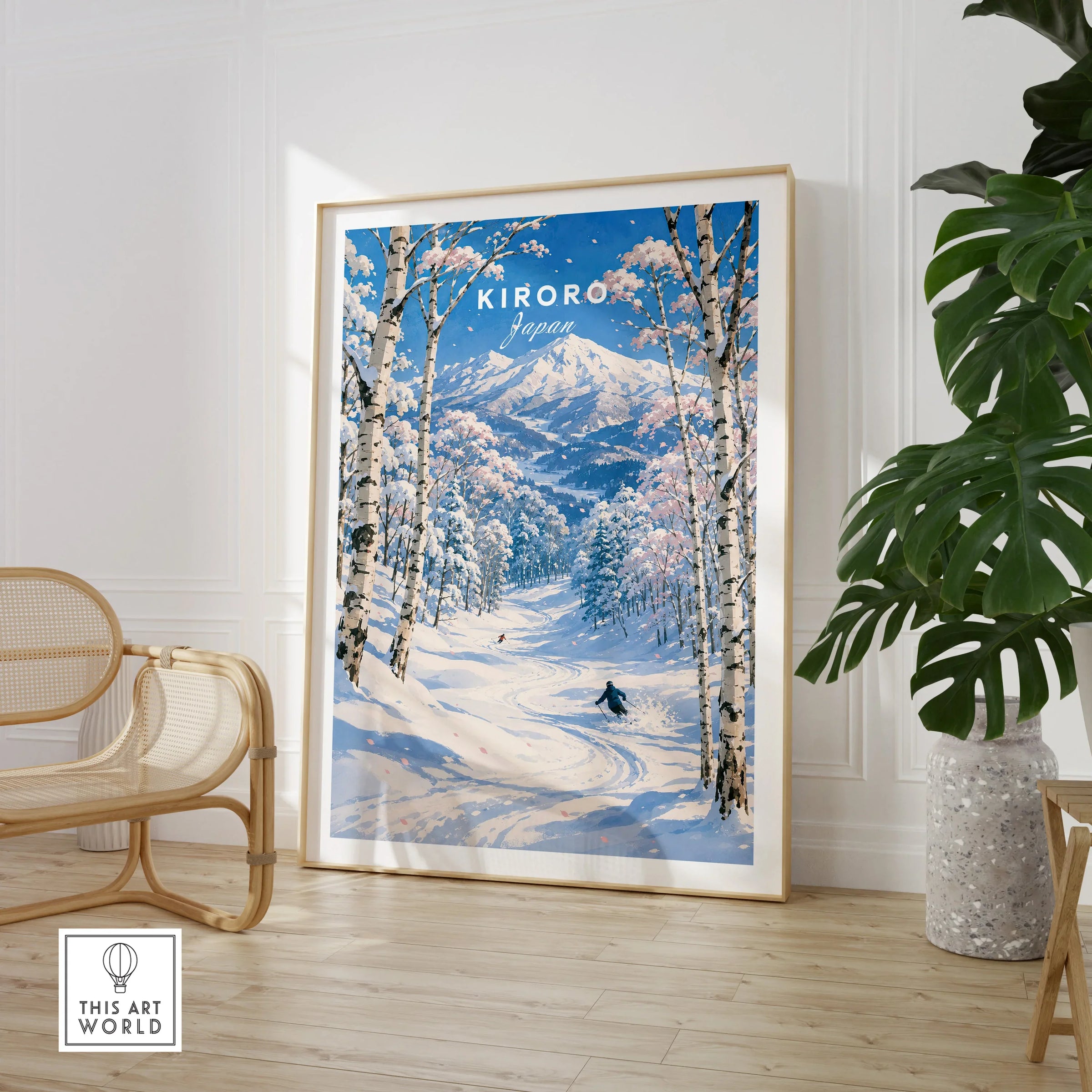 Kiroro Japan Ski Slopes Travel Poster — large framed print room setting chair plant