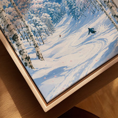 Kiroro Japan Ski Slopes Travel Poster — closeup framed canvas natural wood floating frame