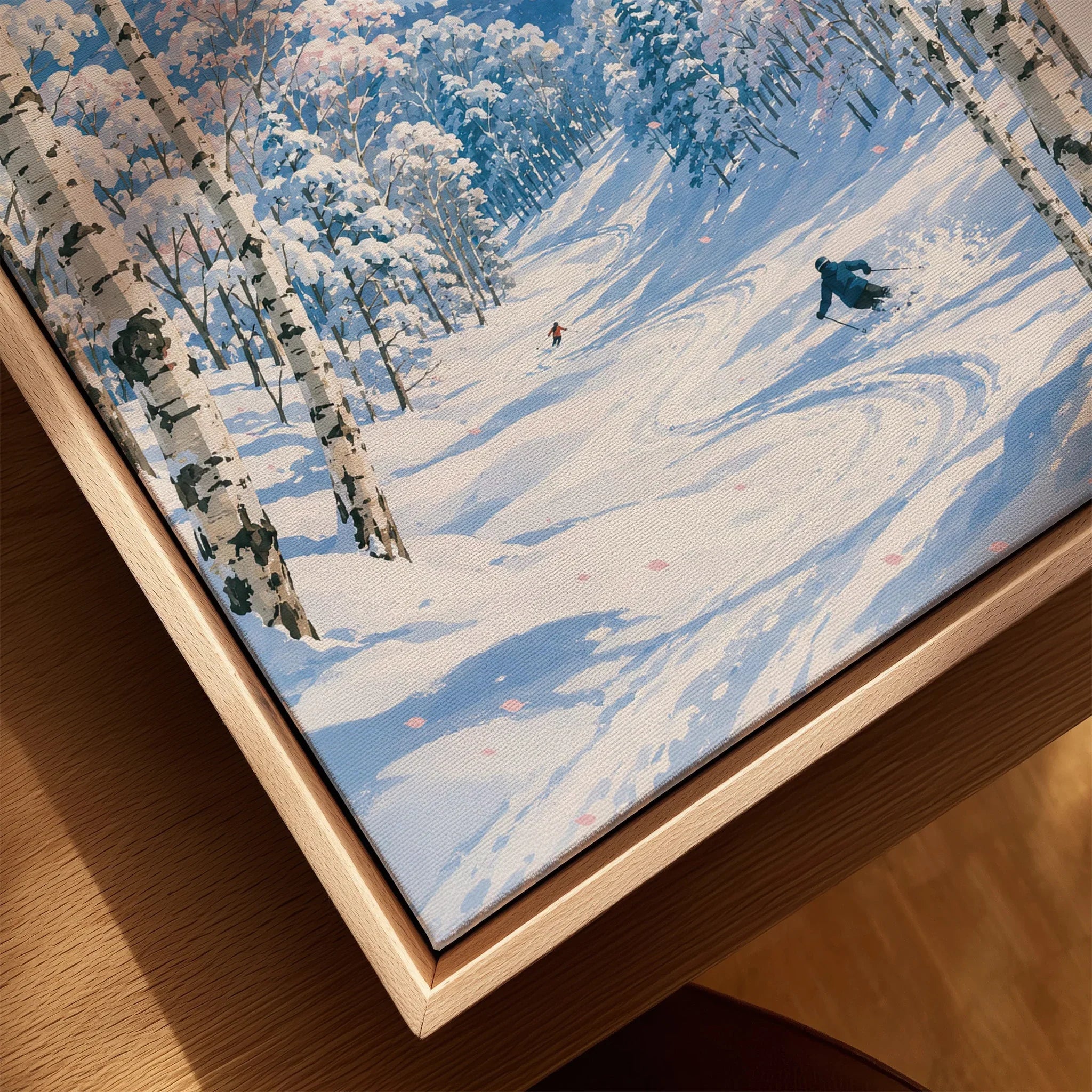 Kiroro Japan Ski Slopes Travel Poster — closeup framed canvas natural wood floating frame