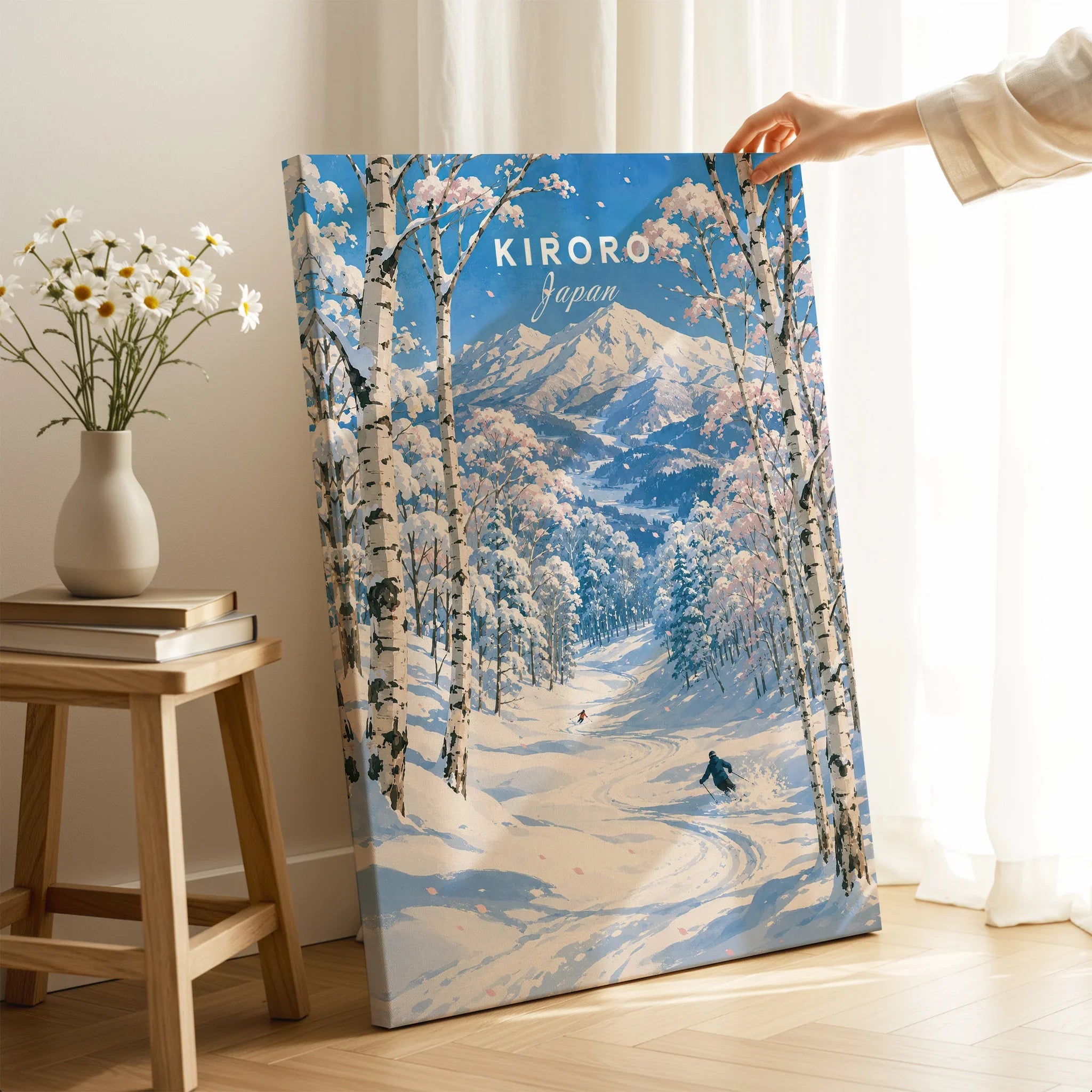 Kiroro Japan Ski Slopes Travel Poster — canvas print mirror edge hand holding room setting