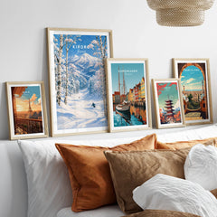 Kiroro Japan Ski Slopes Travel Poster — set five framed artprints above bed natural wood frames