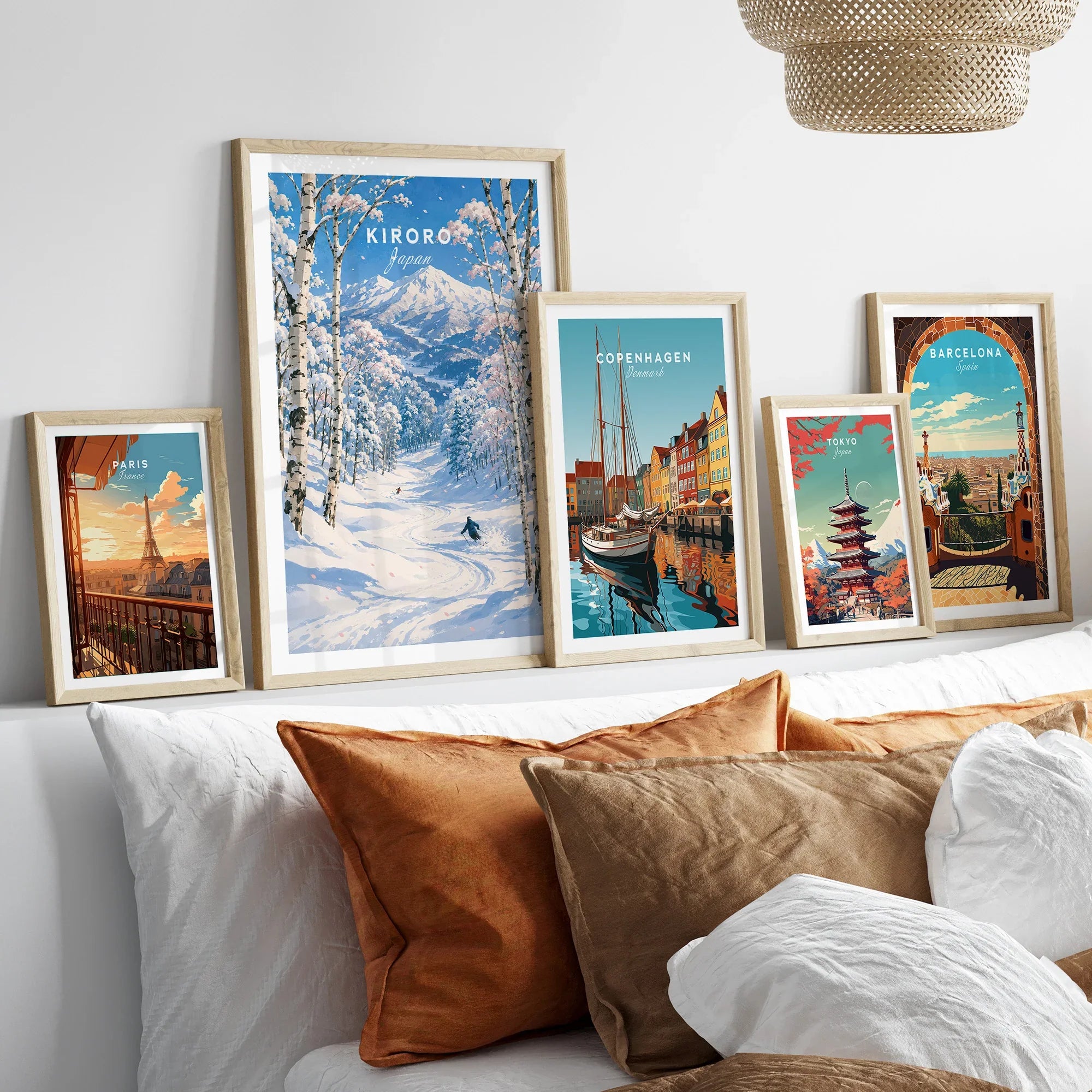 Kiroro Japan Ski Slopes Travel Poster — set five framed artprints above bed natural wood frames