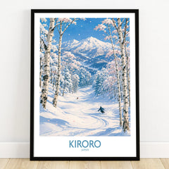 Kiroro Japan Powder Run Wall Art — art print in black frame on wooden floor